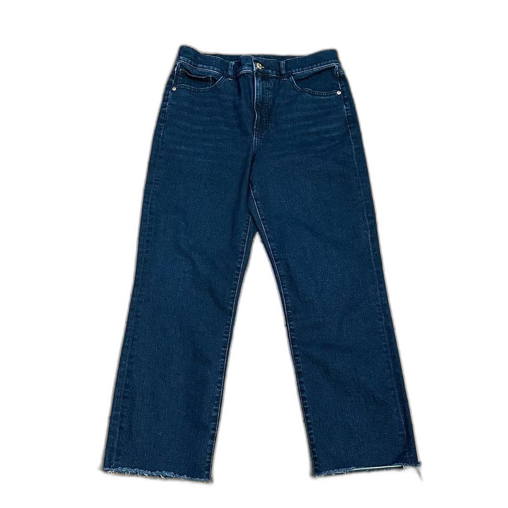 Women's Express Straight Leg Ankle Cropped High Rise Jeans Raw Hem Size 10